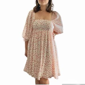 Boutique Floral Puff Sleeve Mini Dress White Pink Medium
